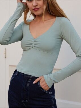 Long-Sleeve V-Neck Ruched Front Top in Sage Green